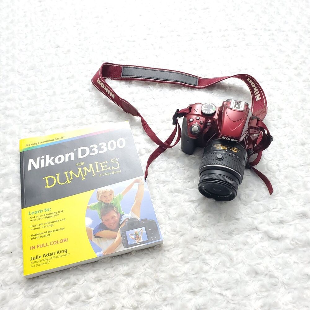 Nikon D3300 24.2MP DSLR Camera Red AF-S DX 18-55mm VR II Lens & Book Tested SLR